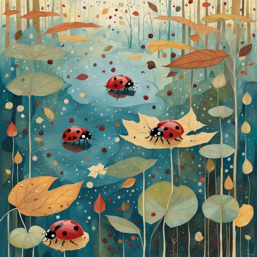 Autumn Ladybugs in Mixed Media Collage Style