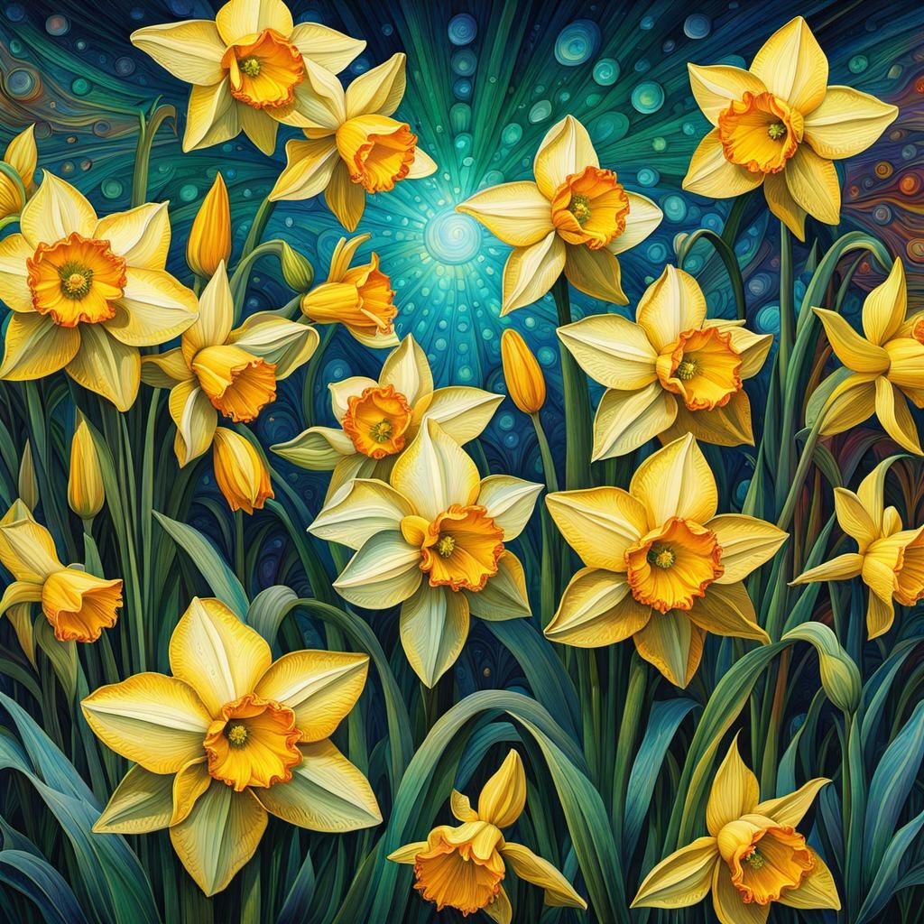 Daffodils with Dew Drops in Watercolor Style