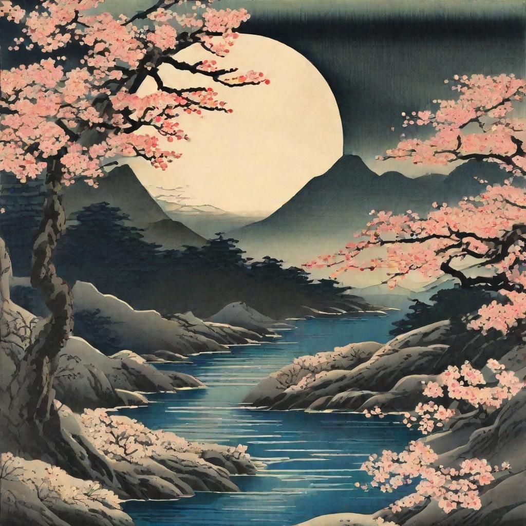 Serene Japanese Landscape Under Full Moonlight