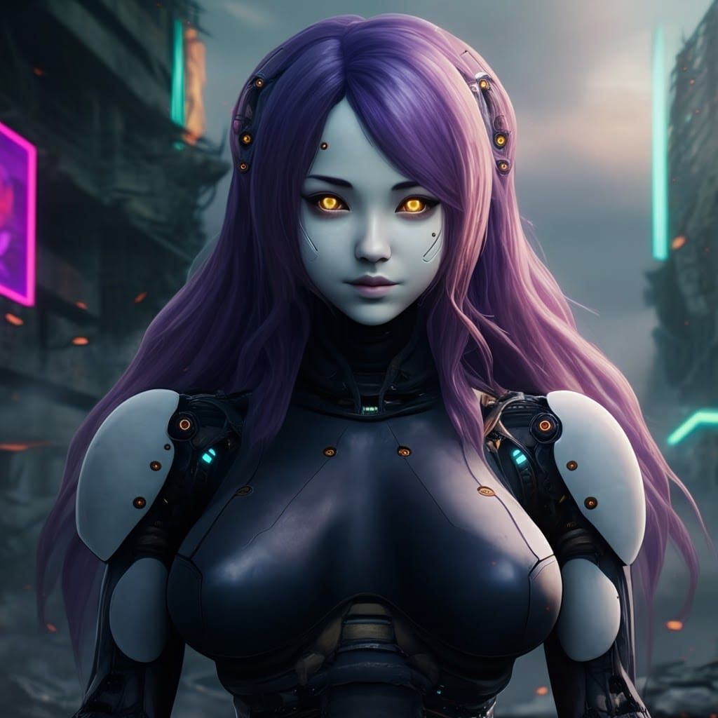 Cyberpunk Cyborg Woman in Post-Apocalyptic City