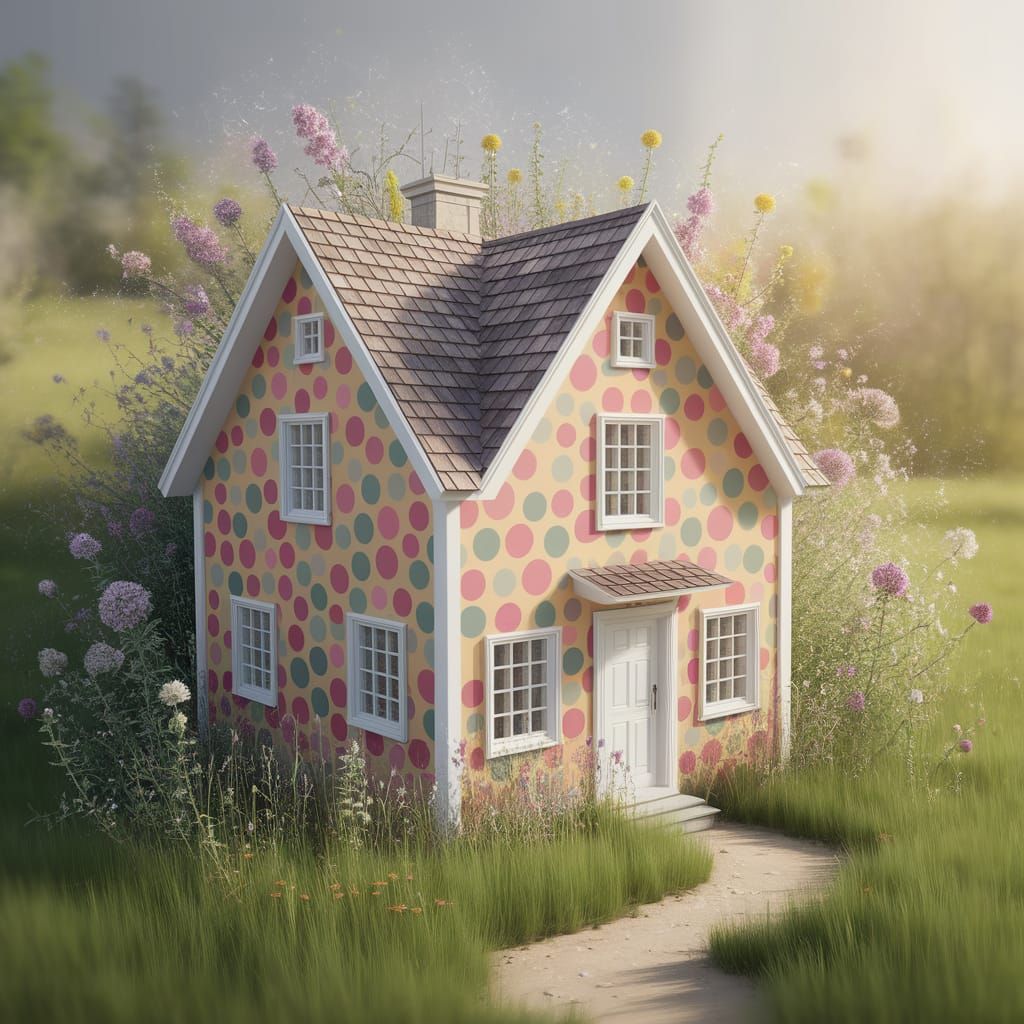 Whimsical Polka Dot Farmhouse in Lush Meadow