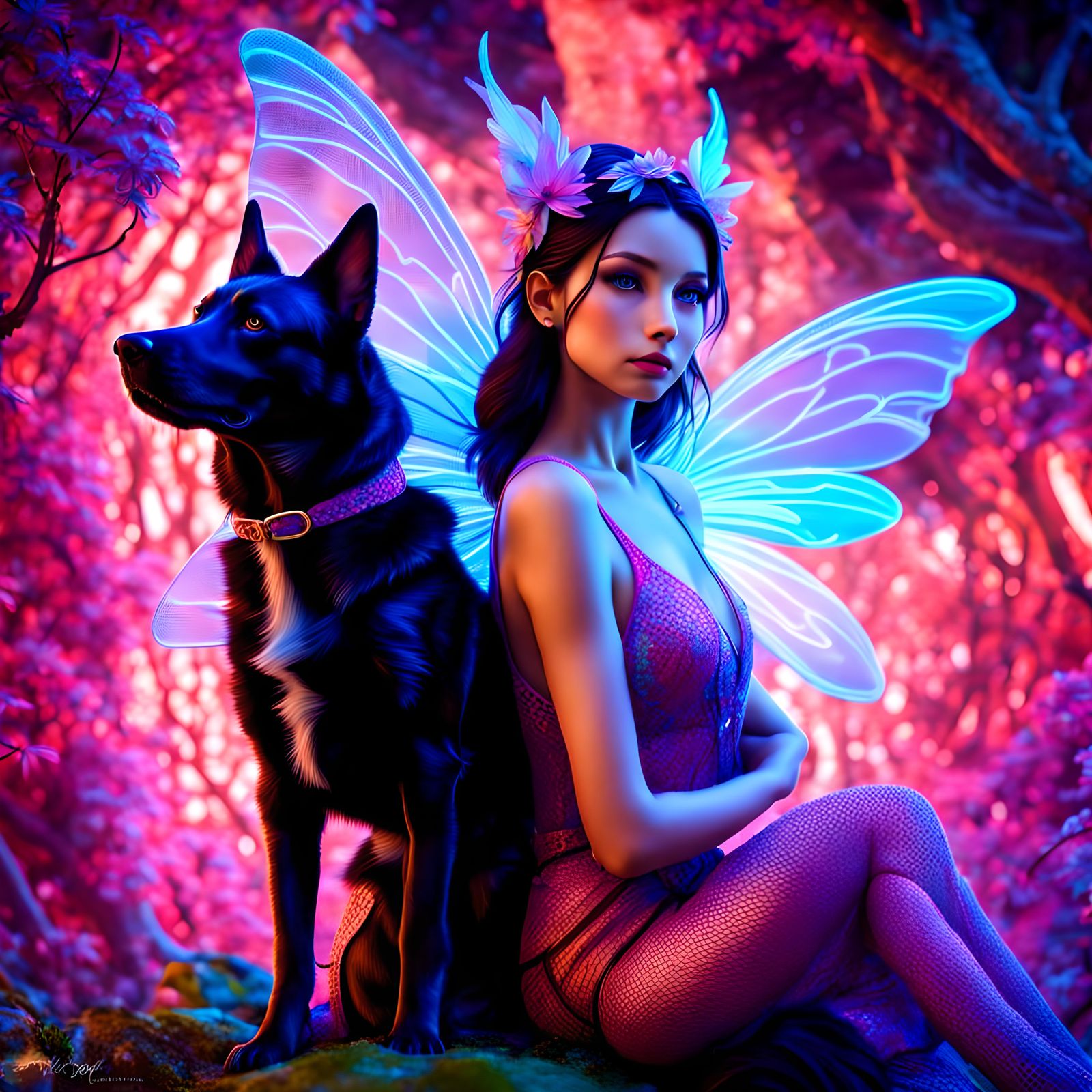 3D mesh array textured organic material forming fantasy fairy and her dog,  neon colors, abstract background, hyperdetai...