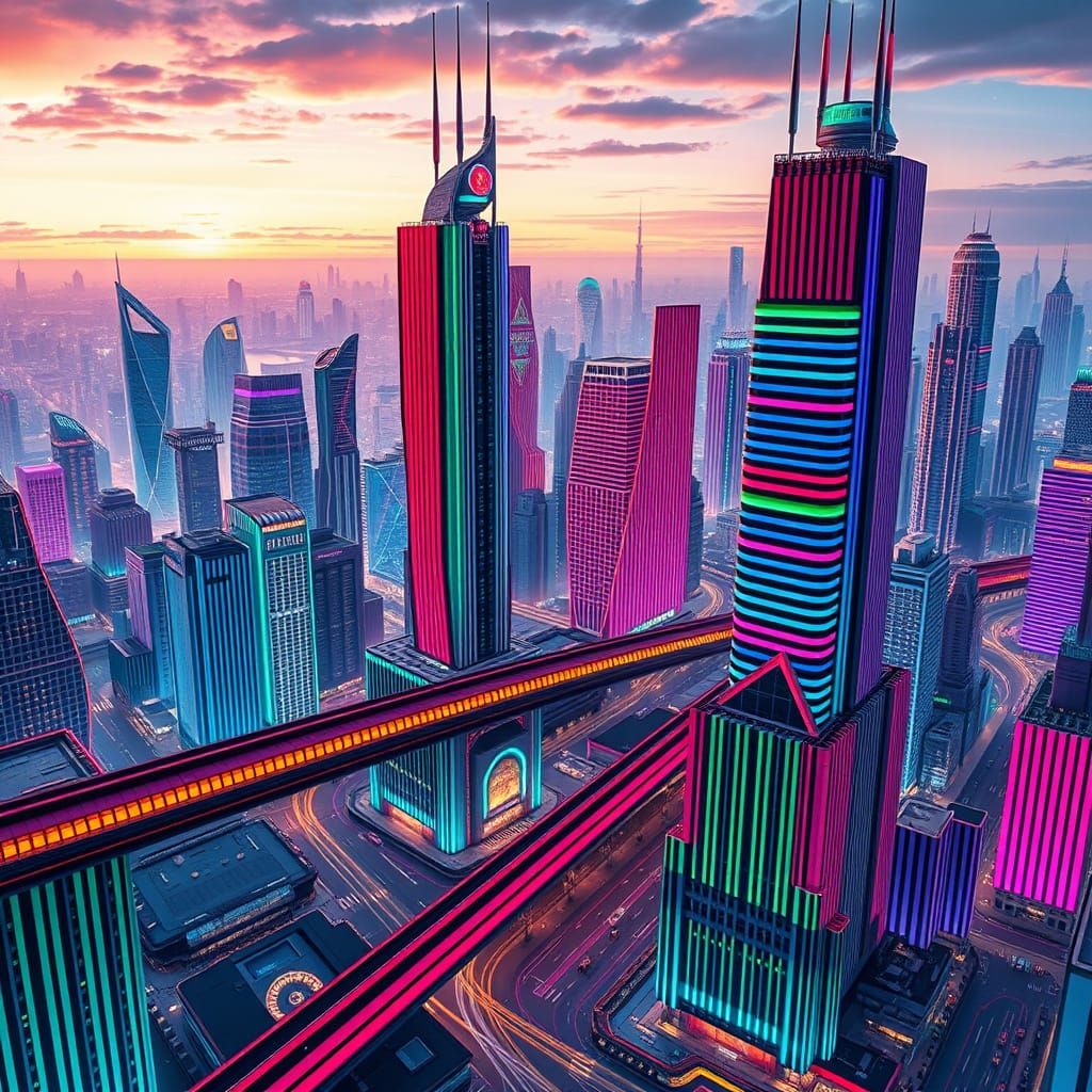 Vibrant Futuristic Metropolis in Striped Patterns
