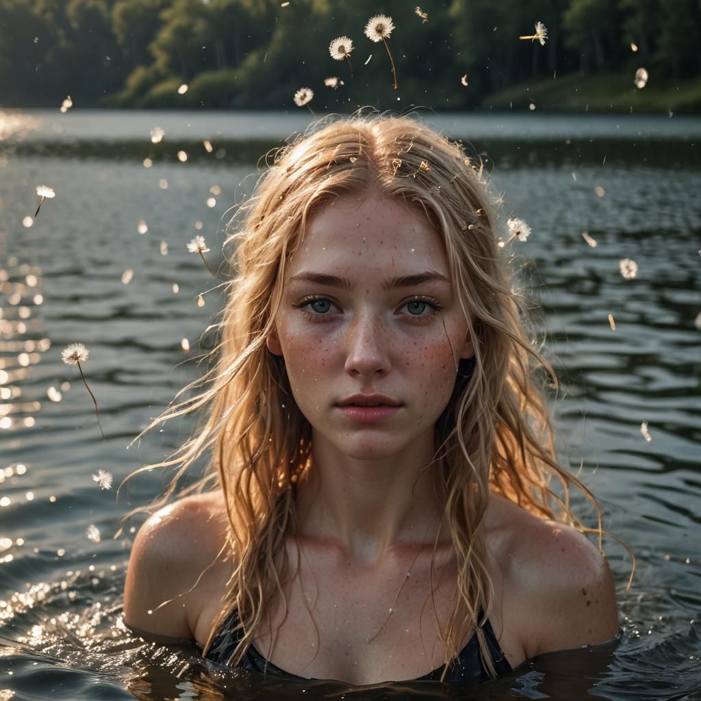 Dreamy Blonde Girl Emerging from Lake Photograph