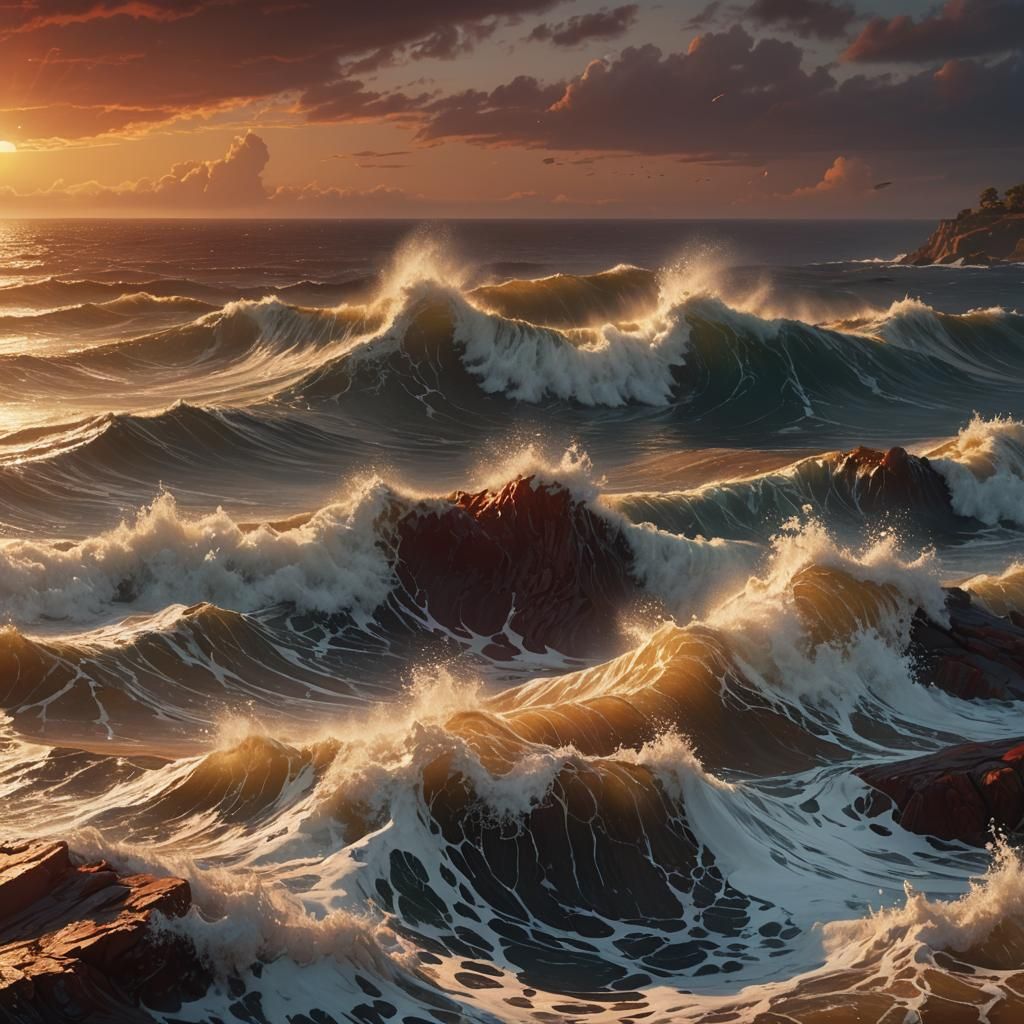 Fiery Dawn: Choppy Sea in a Fantasy Art Style
