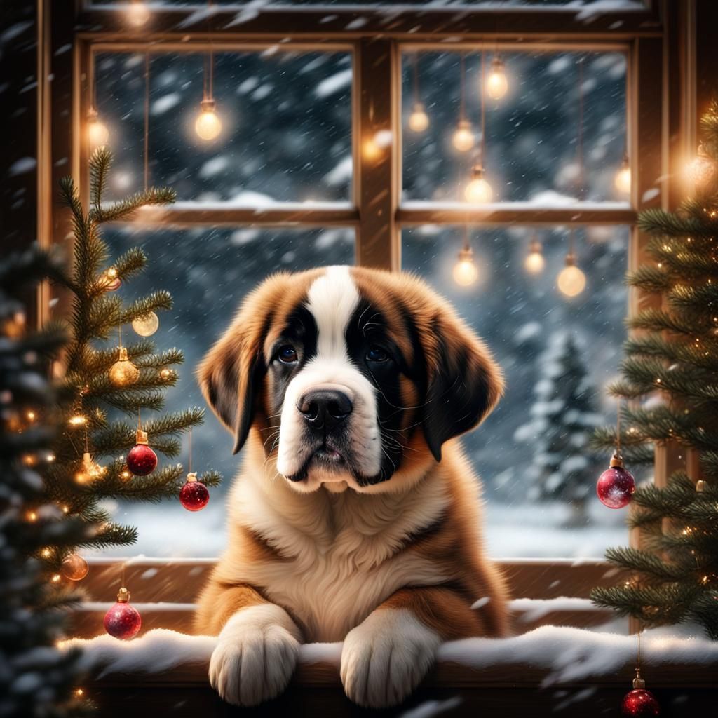 St. Bernard Puppy Gazing at Snowy Christmas Scene