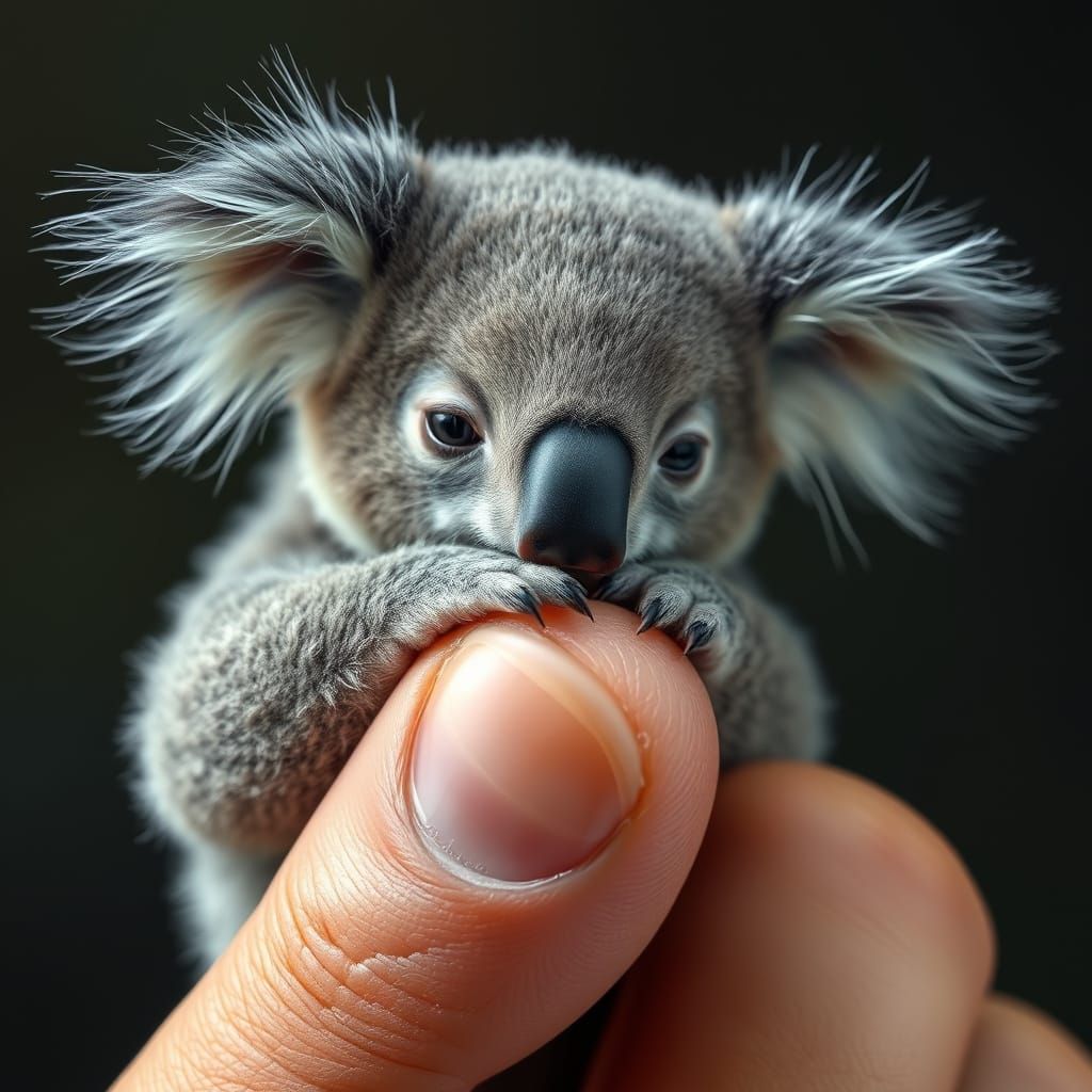 Photorealistic Macro Shot of a Miniature Koala on a Human Th...