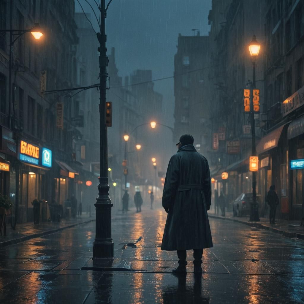 Rainy City Street Scene in Matte Painting Style