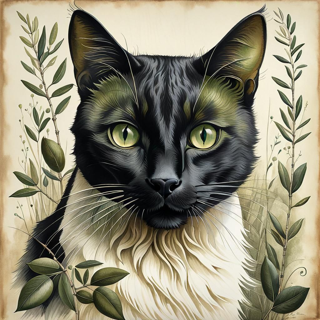 Whimsical Black Cat Portrait in Storybook Style