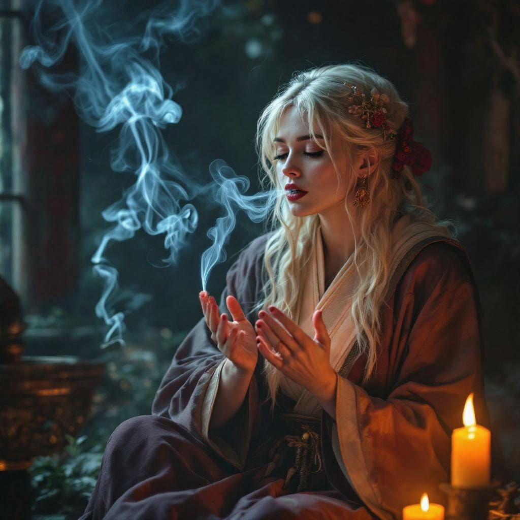 Mystical Witch Chanting with Candlelight and Incense