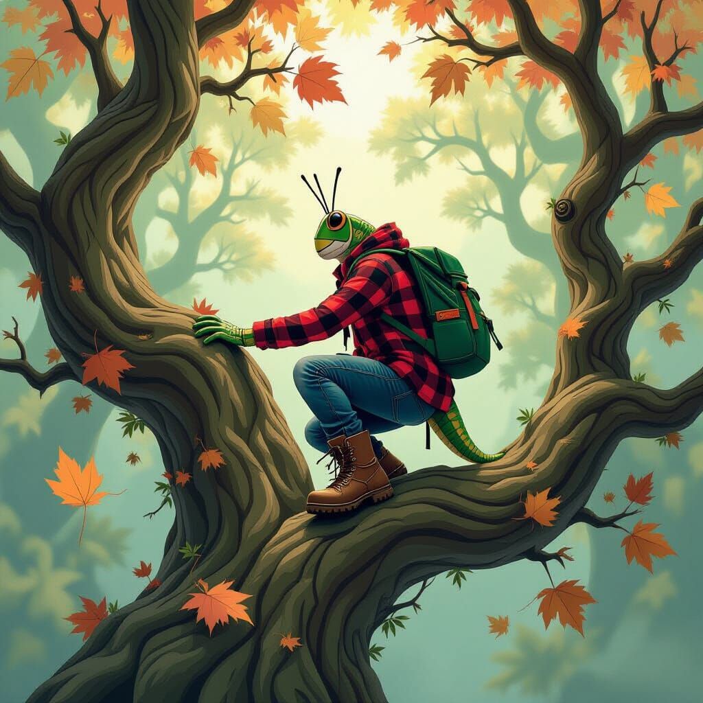 Surreal Grasshopper Climbs Distorted Tree in Dreamscape Styl...