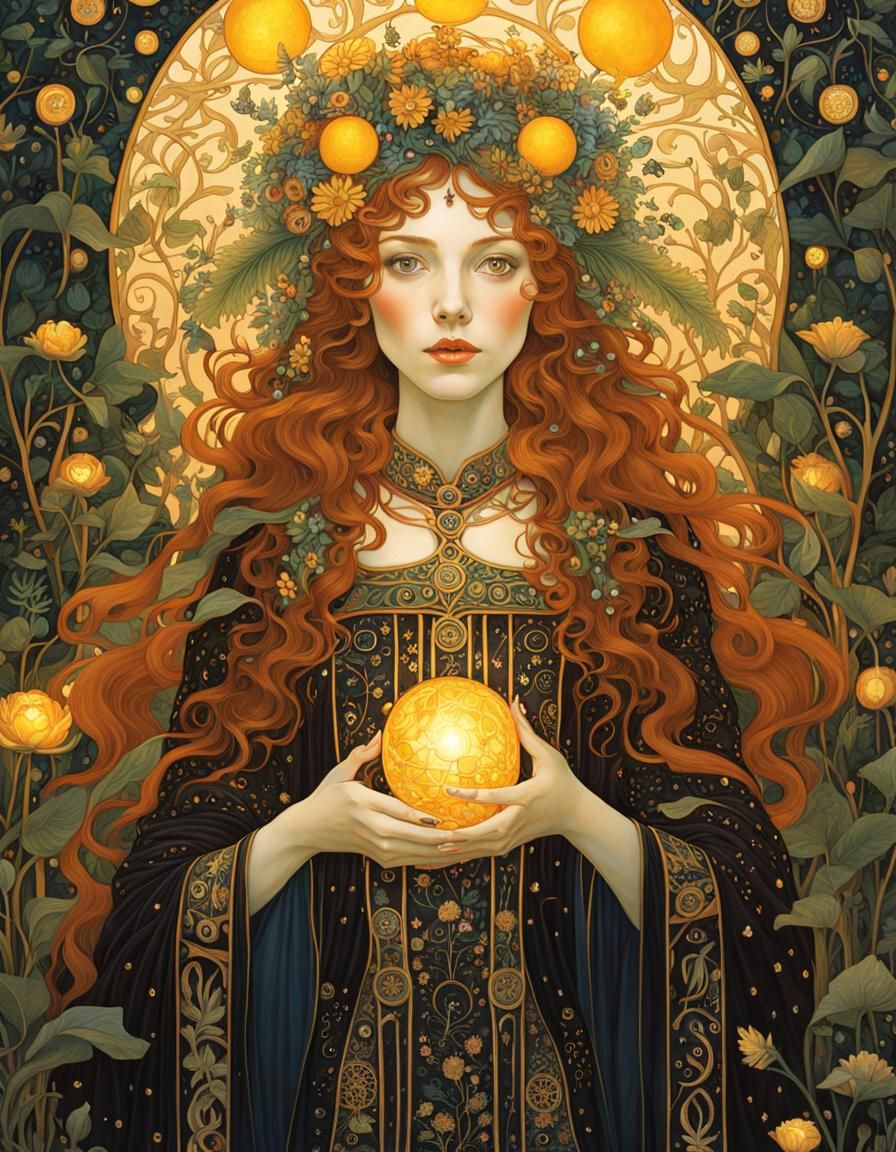 Hedge Witch with Firefly in Art Nouveau Style