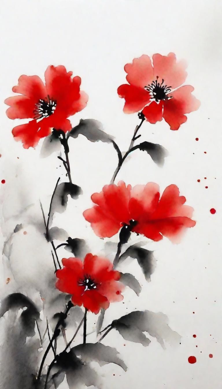 Red Flowers in Chinese Ink Painting Style