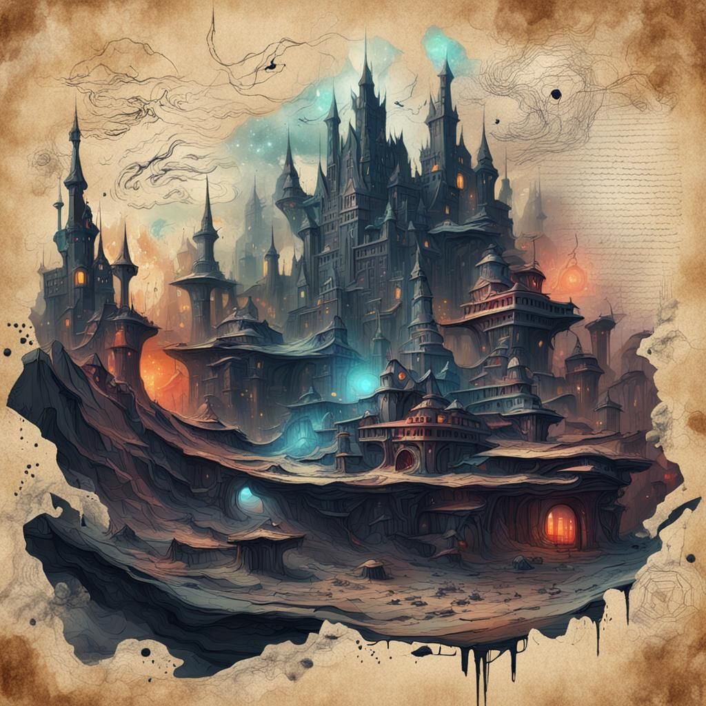 Dark Fantasy Retro-Futurism on Crumpled Paper