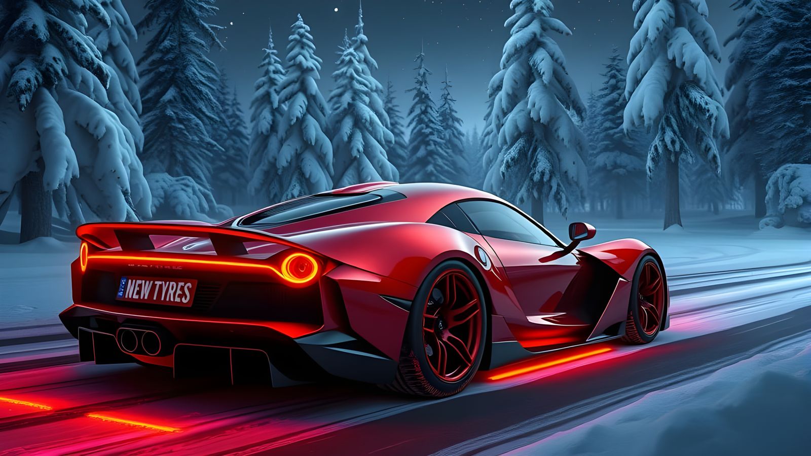 Red Hypercar Ignites Winter Night