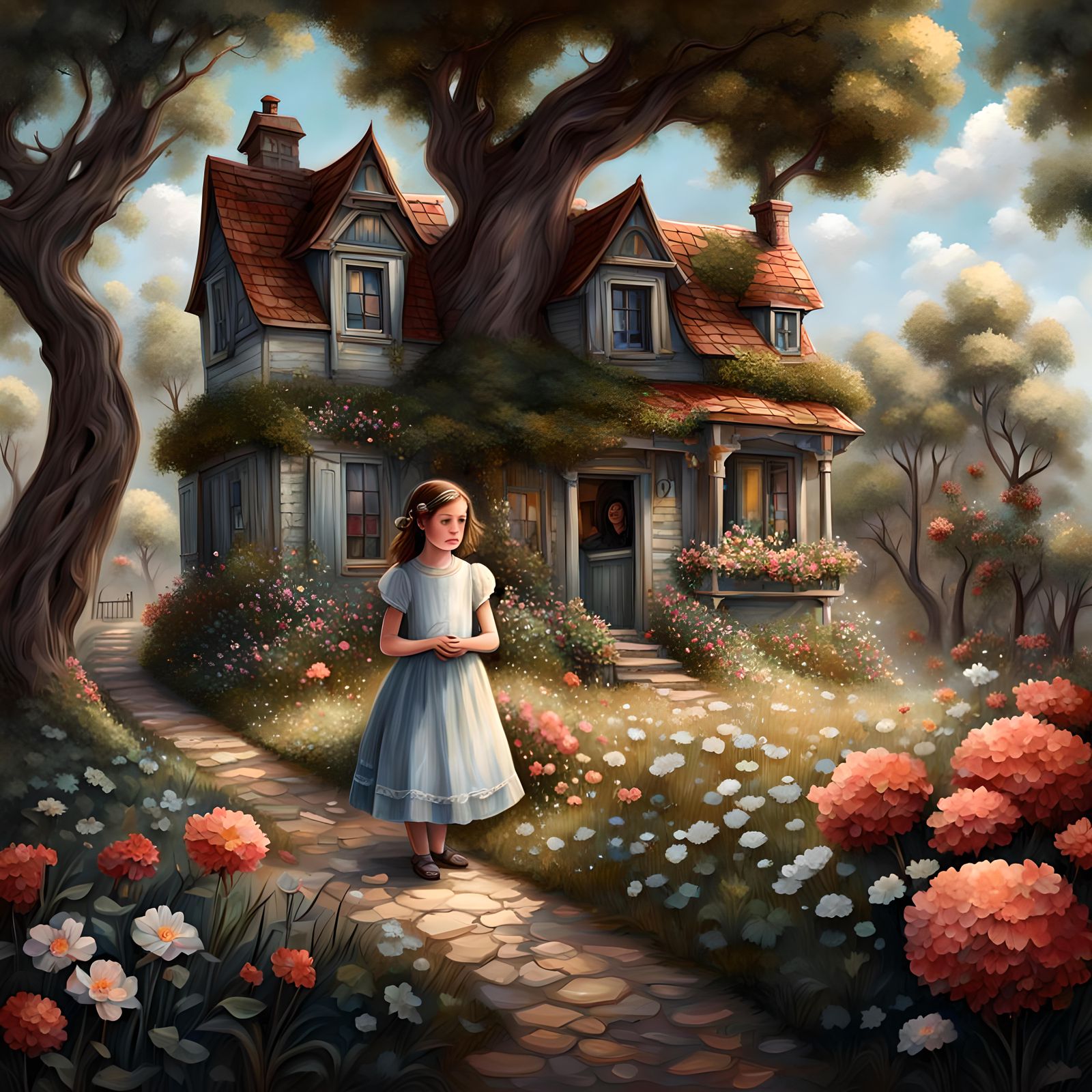 Little Girls, fantasy house, trees, flowers, plants, ultrare...