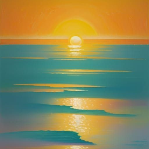 Turquoise Lake and Orange Sun in Neo-Impressionism Style