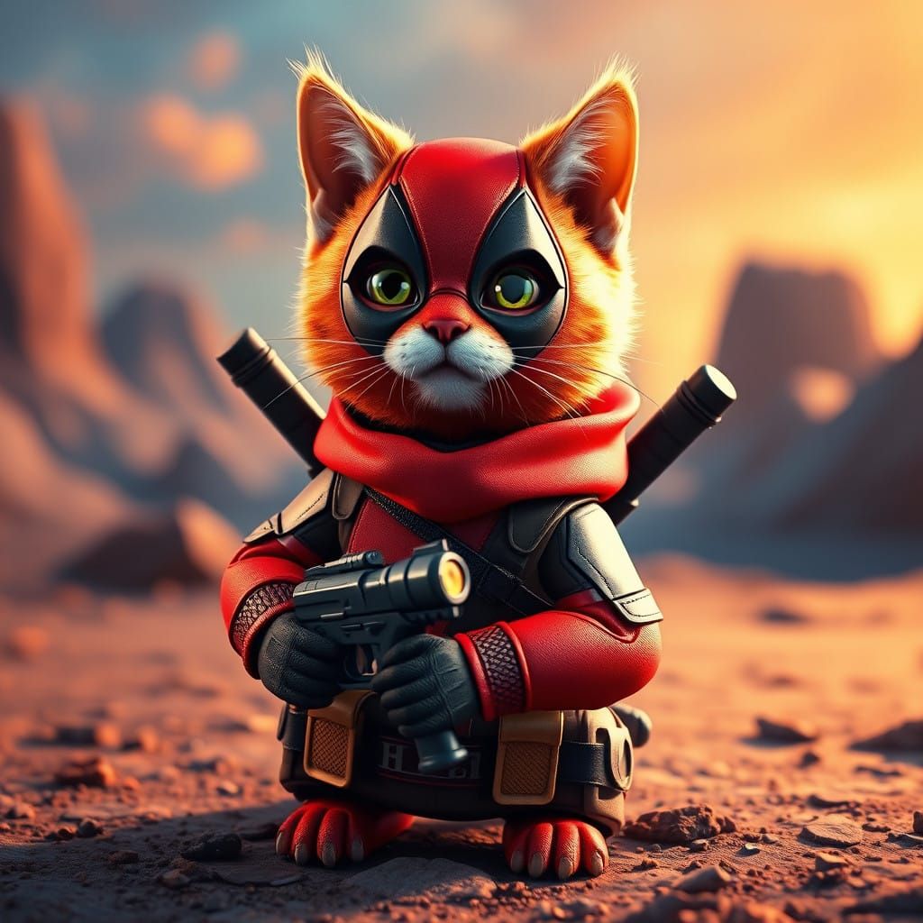 Whimsical Cat in Deadpool Costume Holds Toy Gun in Vibrant F...