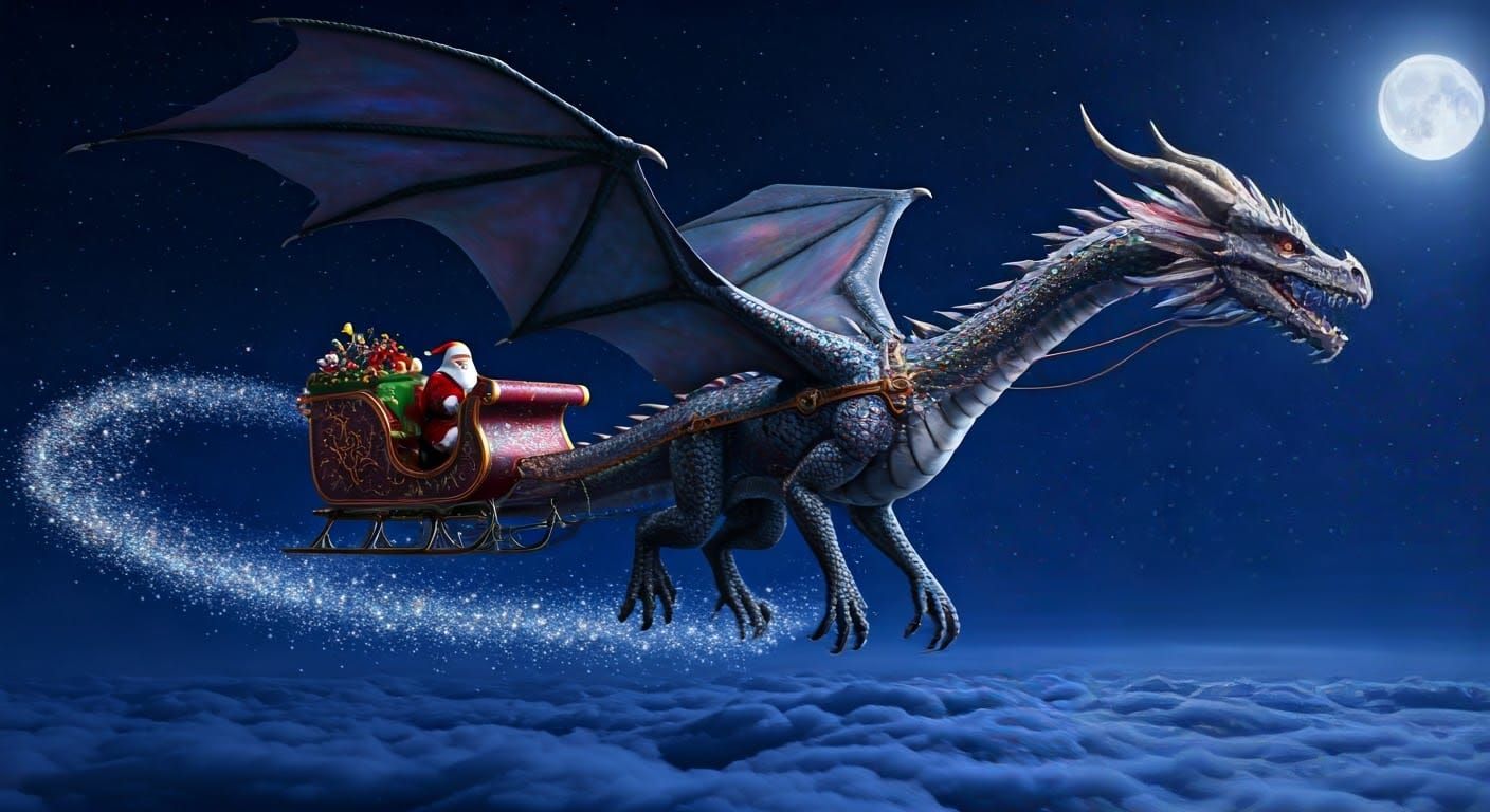Christmas Dragon Sleigh Ride in the Night Sky