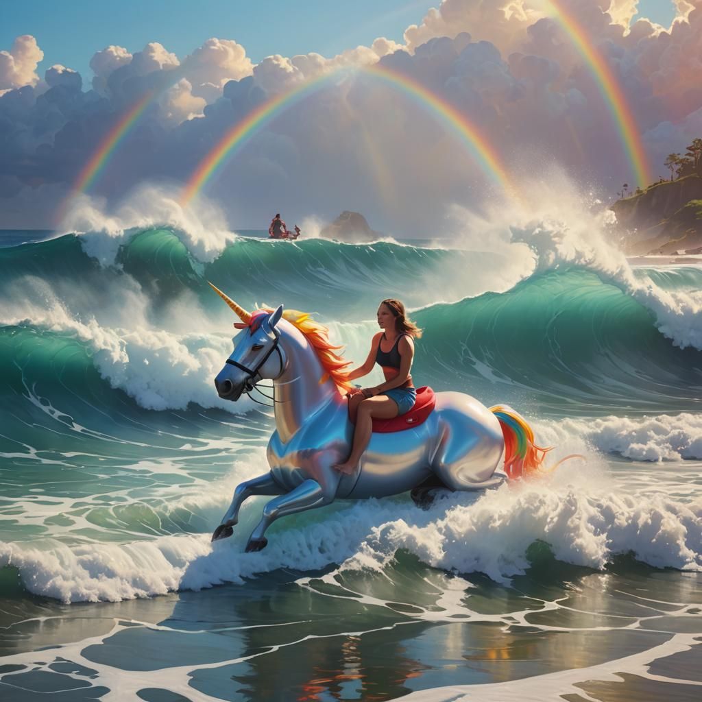 Woman Rides Unicorn Wave in Dreamy Digital Art