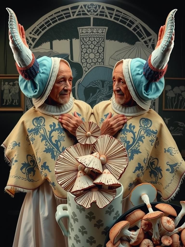 Elderly Porcelain Workers Tending Oversized Mushrooms