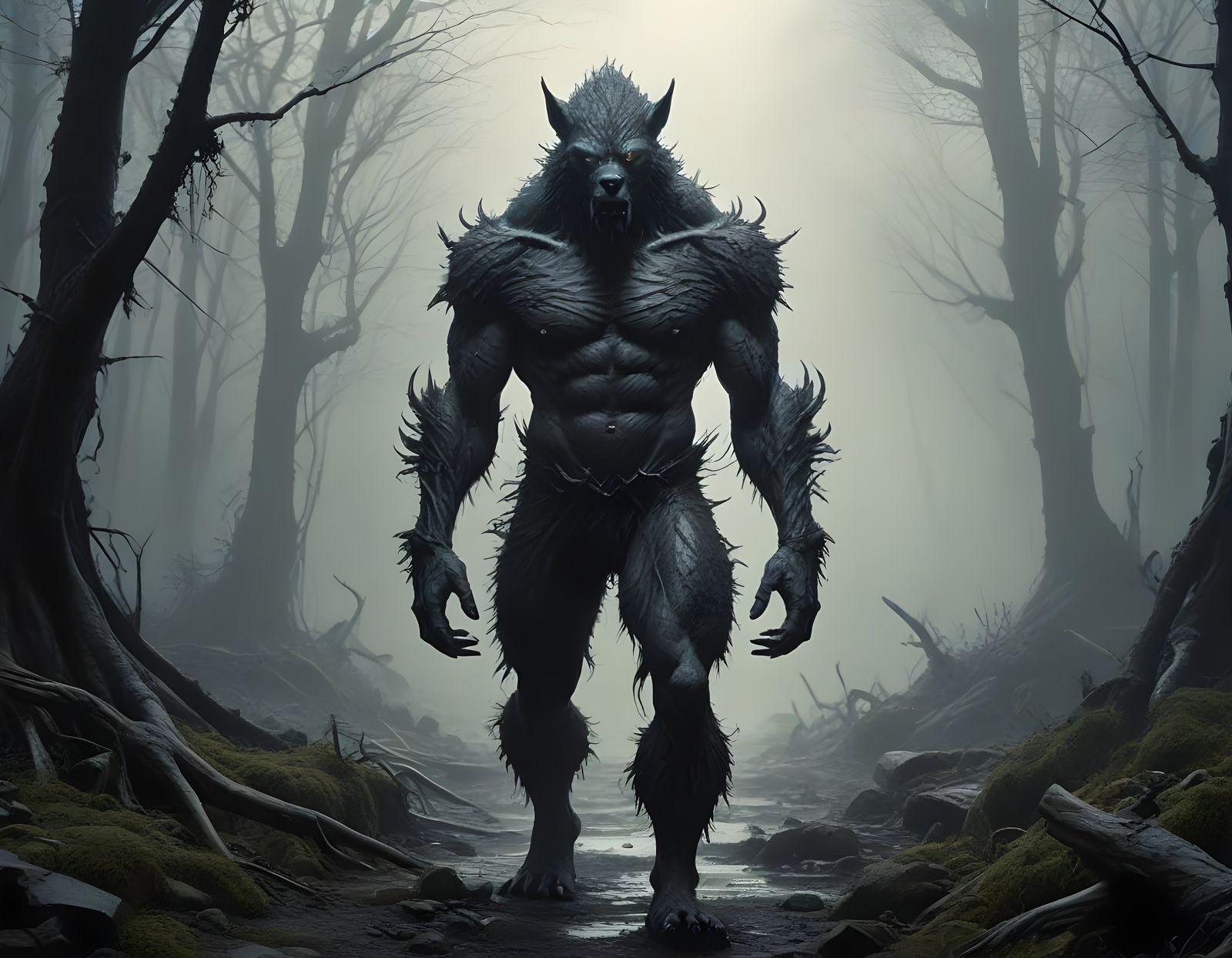 The Wolfman in Dark, Exaggerated Forest Realm