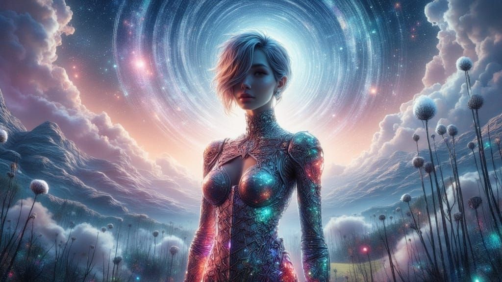 Cyborg Woman in Dreamlike Landscape, 3D Render