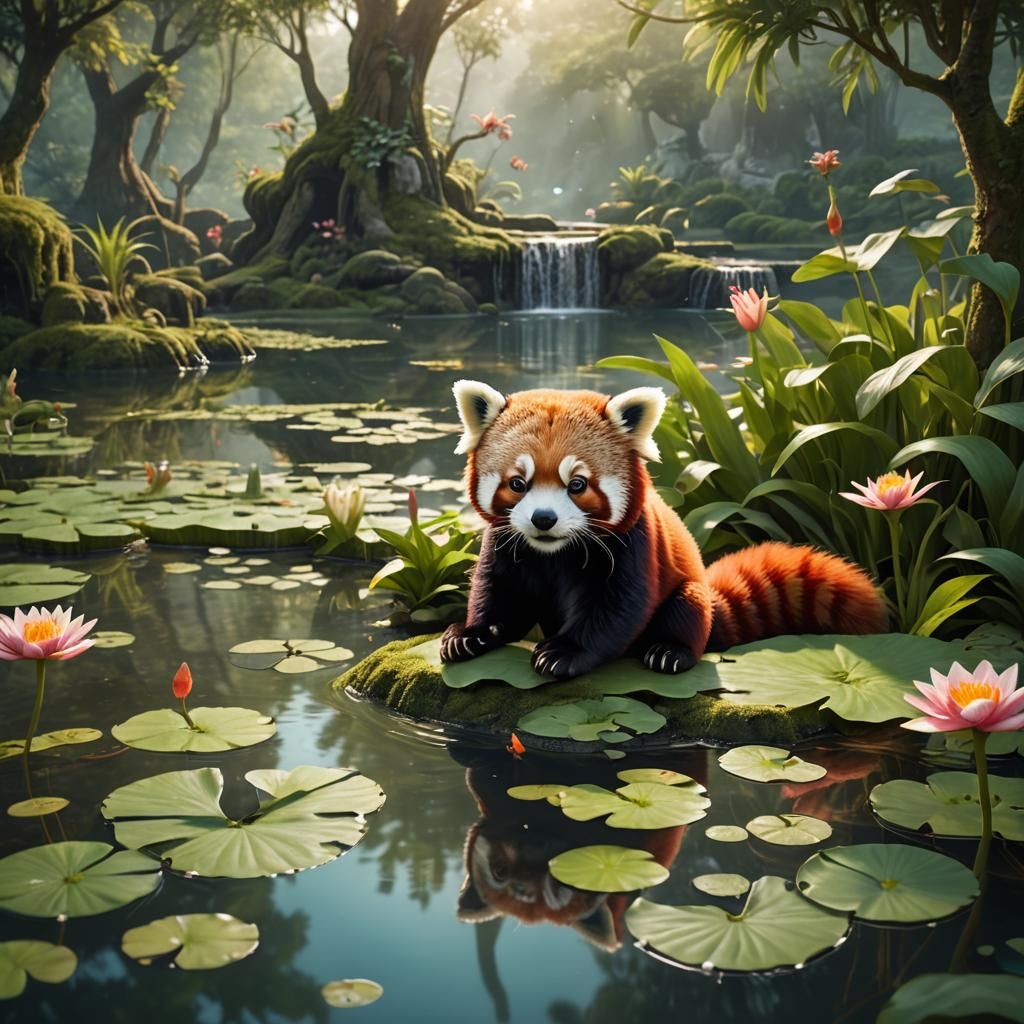 Red Panda Sipping Boba Tea in Peaceful Pond