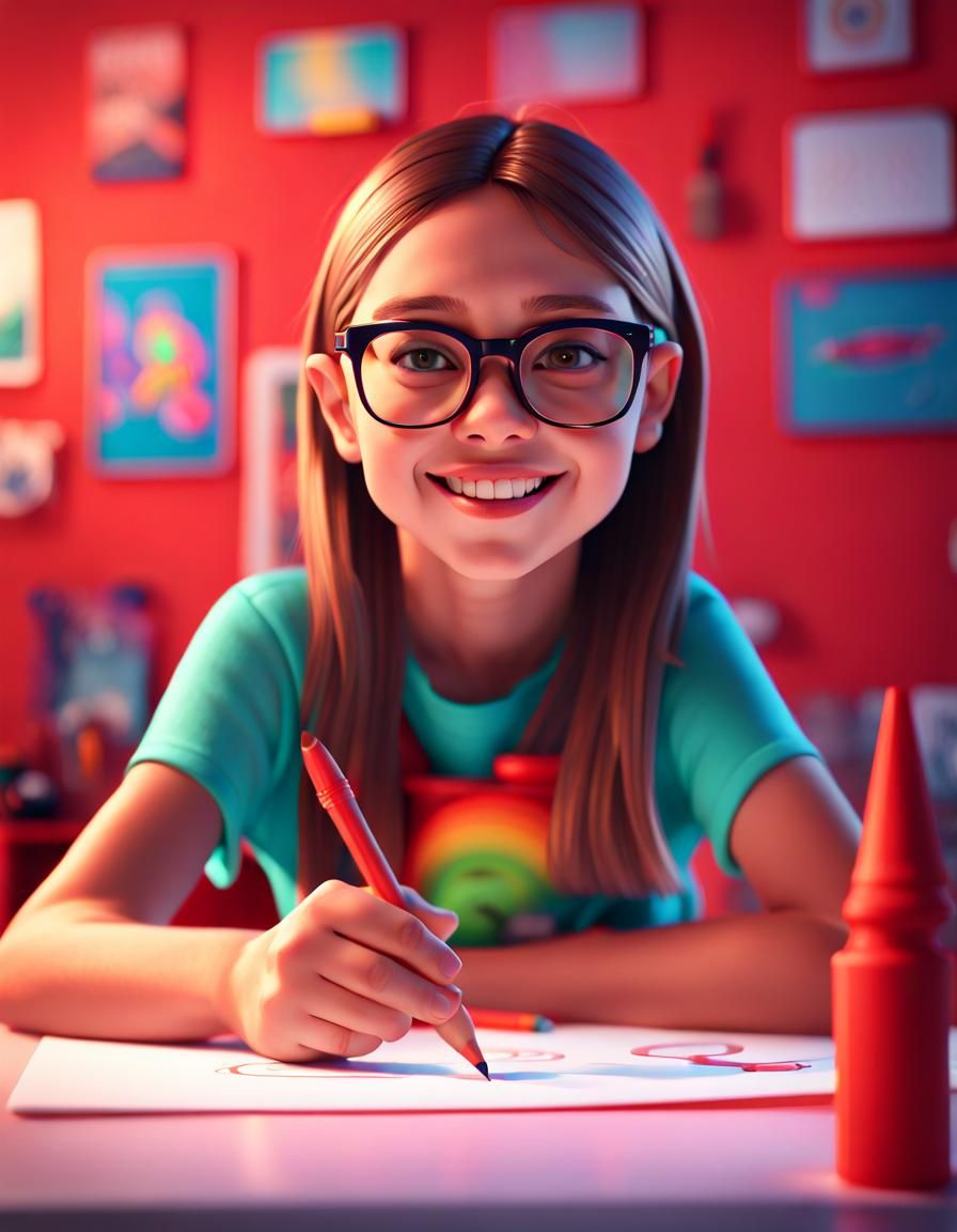 Girl Grading Test with Red Crayon: 3D Digital Art
