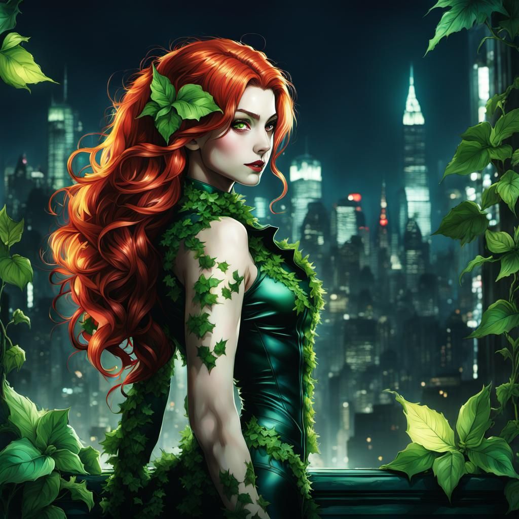 Poison Ivy Anime Art in Gotham Night