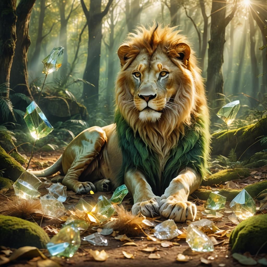 Ethereal Golden Lion in Forest Fantasy Art