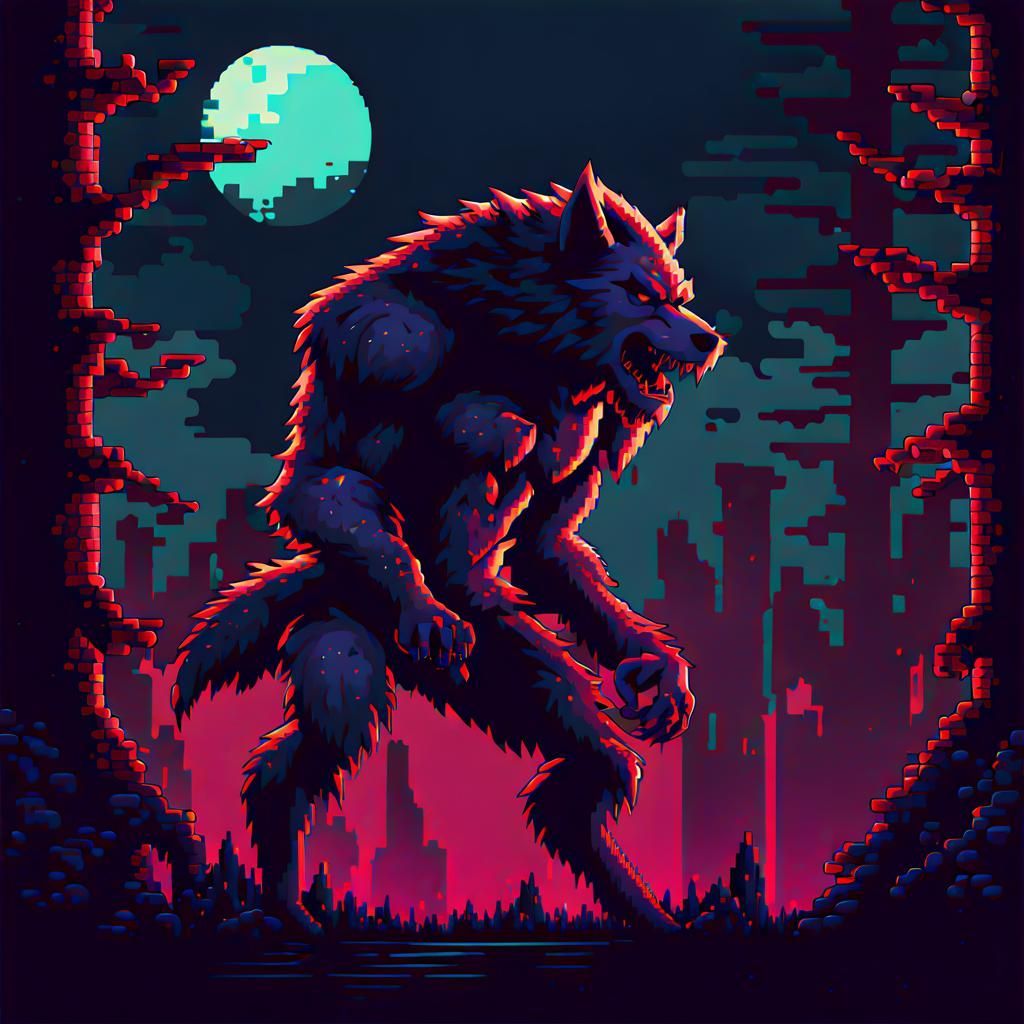 Werewolf in 8-bit Pixel Art Fantasy Landscape