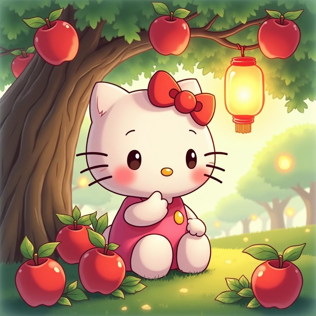 Kawaii Hello Kitty Surrounded by Apples, Manga Illustration