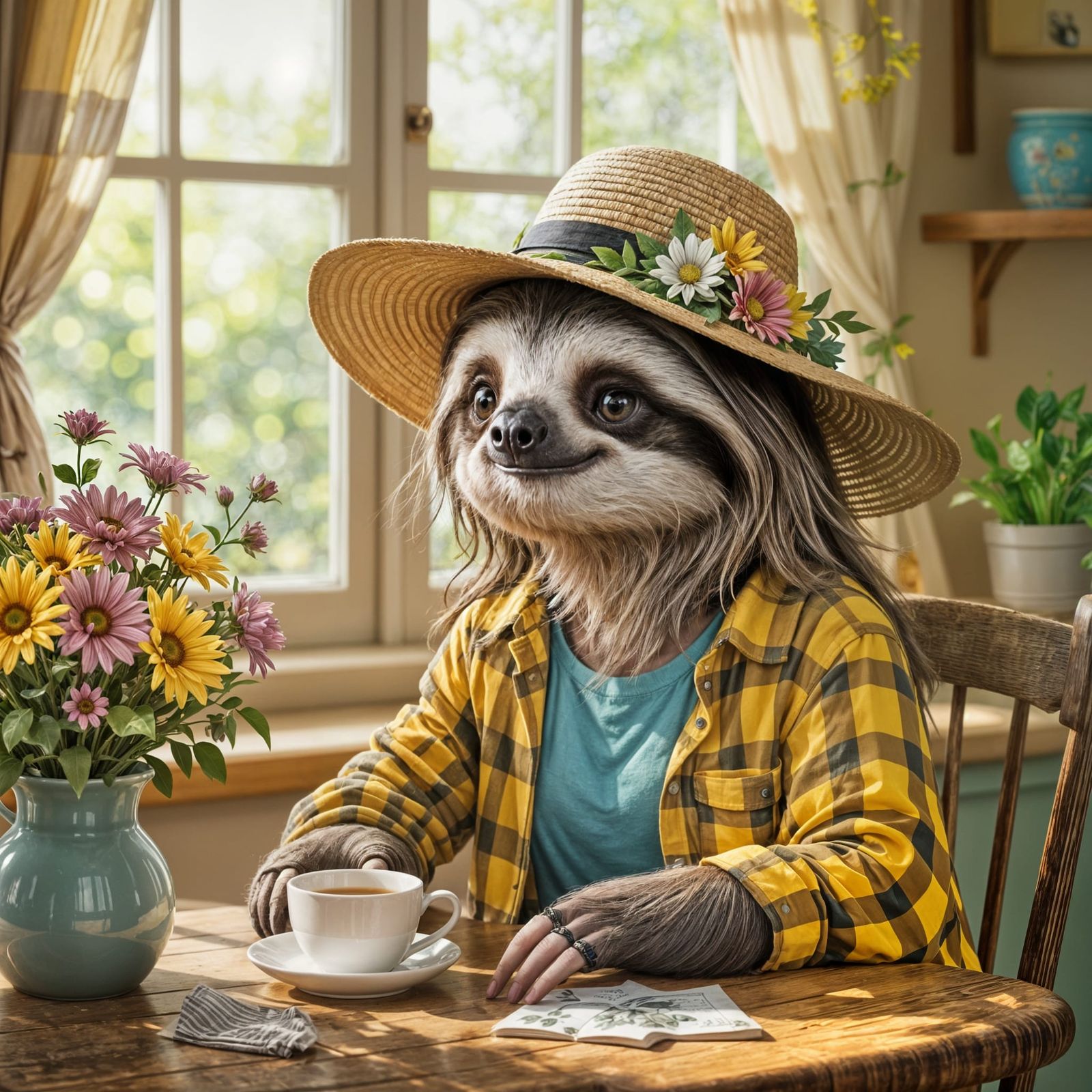 Anthropomorphic Sloth Enjoys Tea and Flowers in Cozy Kitchen