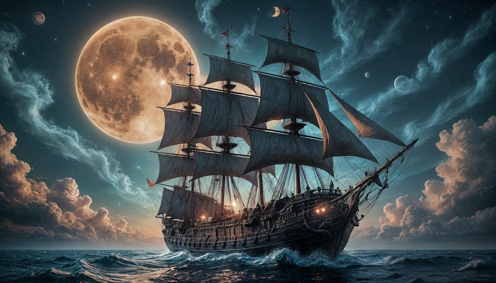 Ghostly Galleon Under Luminous Moon and Nebulae