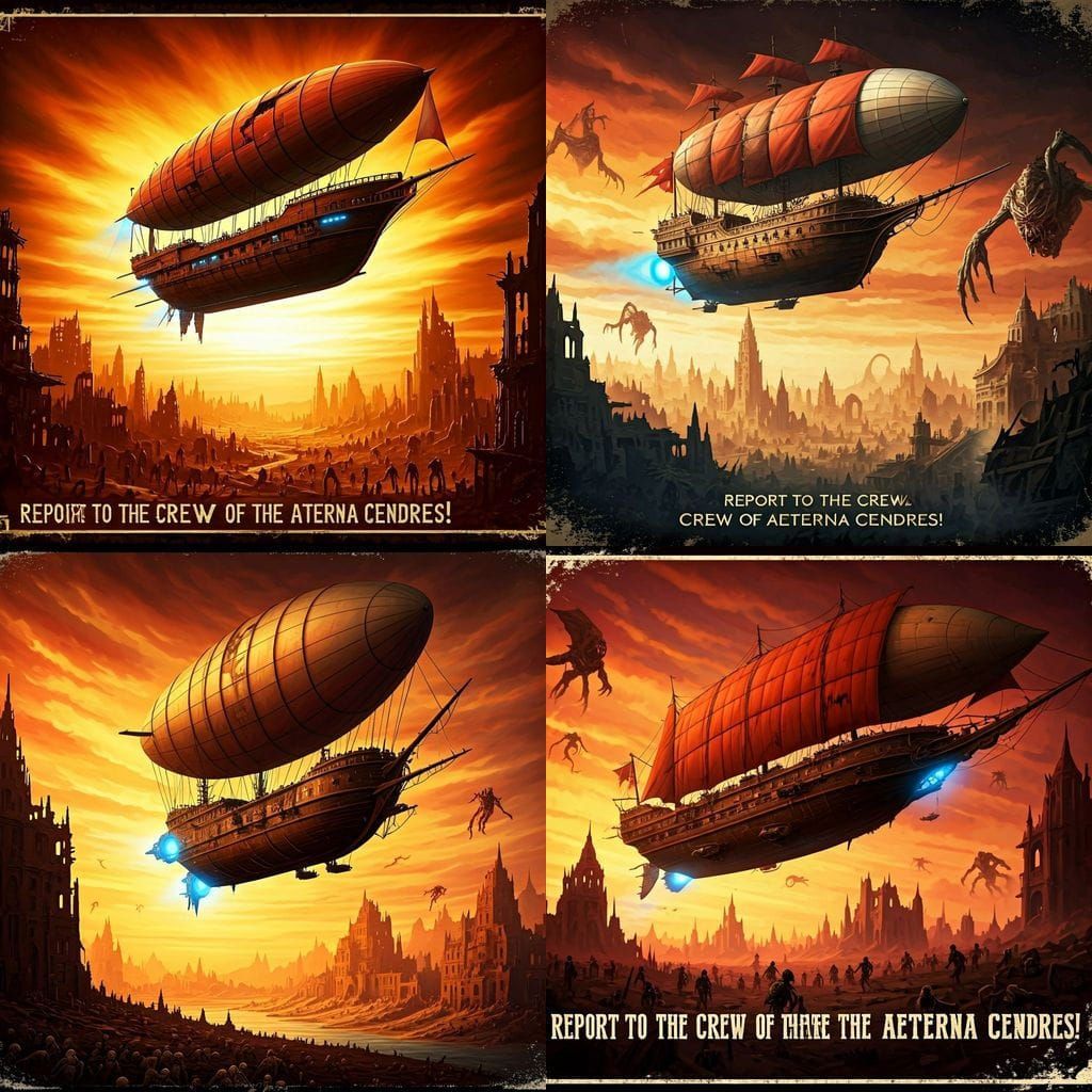 Dark Fantasy Airship Over Ruined City Recruitment Poster