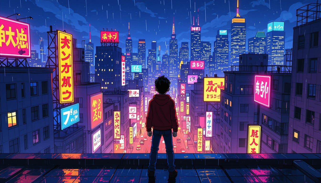 Heroic Guardian Overlooking Neon Metropolis at Night