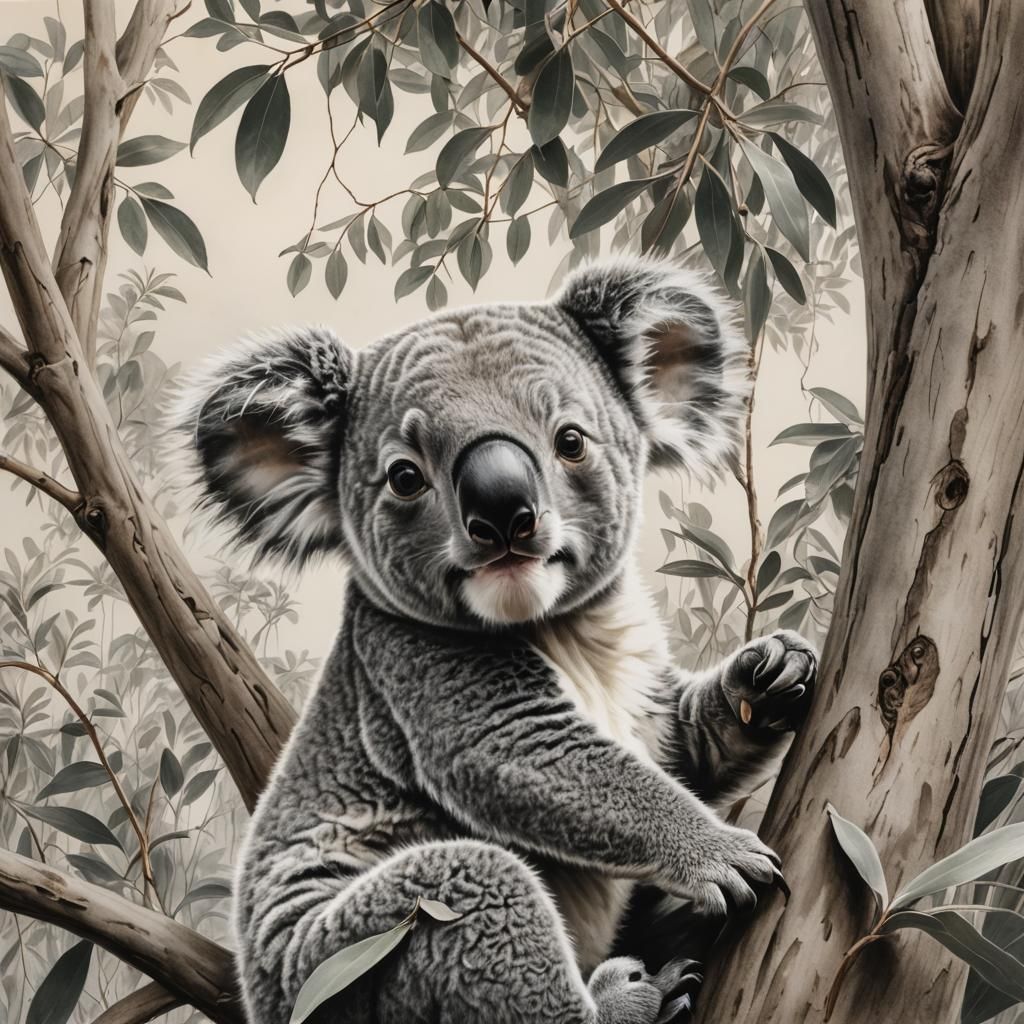 Koala and the Great Wall: A Charcoal Drawing