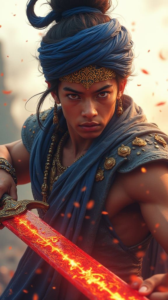 Anime Warrior with Crimson Blade on Celestial Battlefield