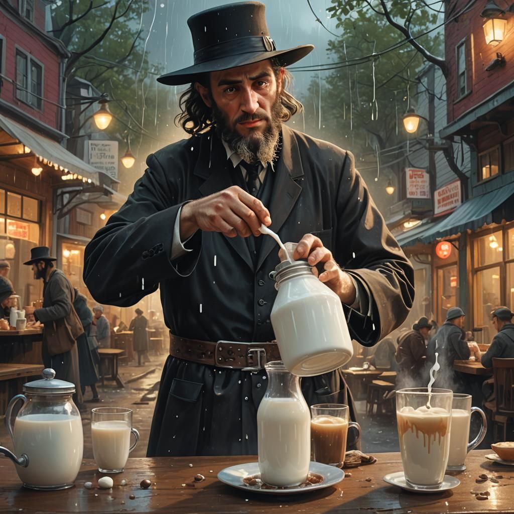 Hasidic Man's Coffee: Whimsical Matte Painting