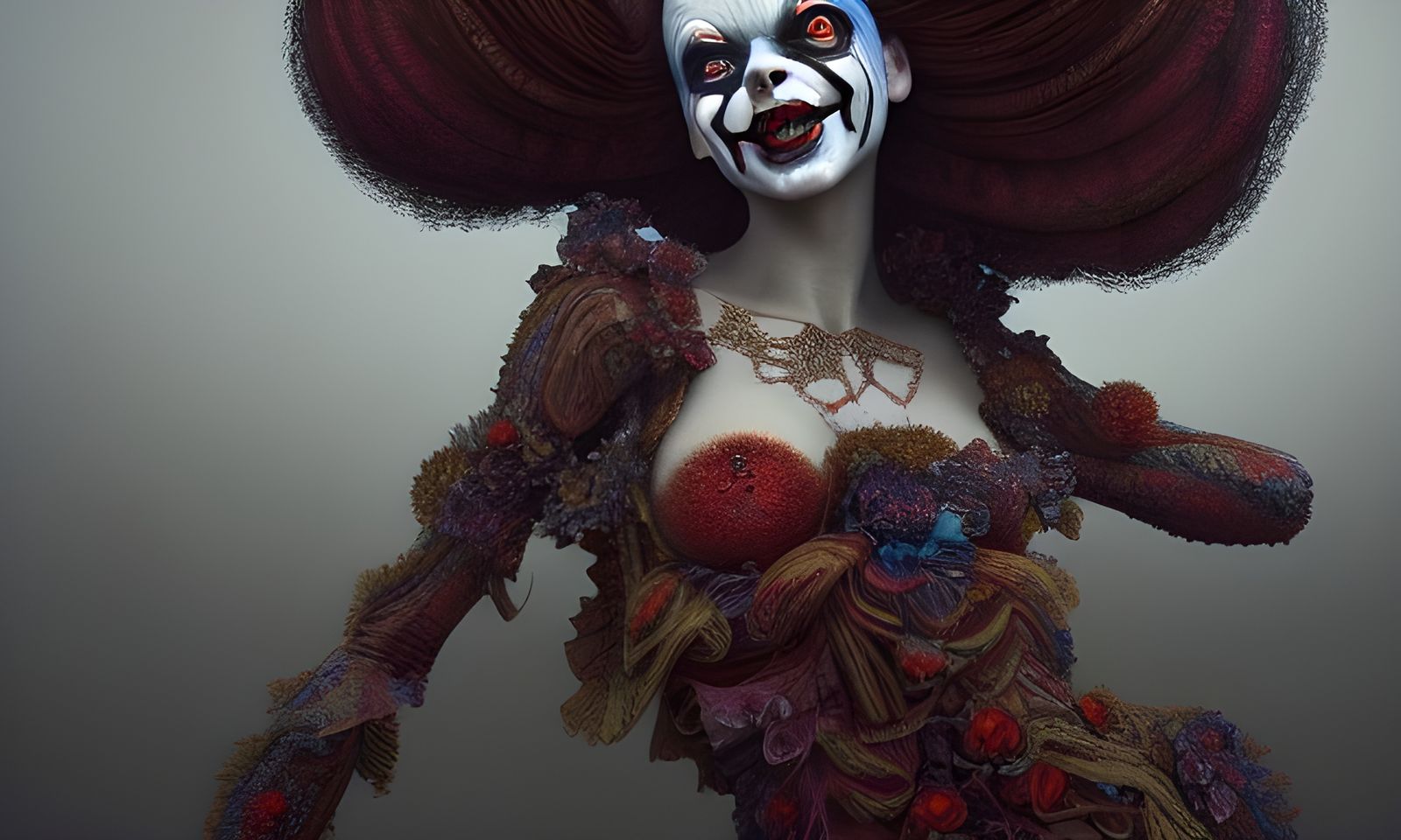 Ominous Clown Girl Painting in Elaborate Costume