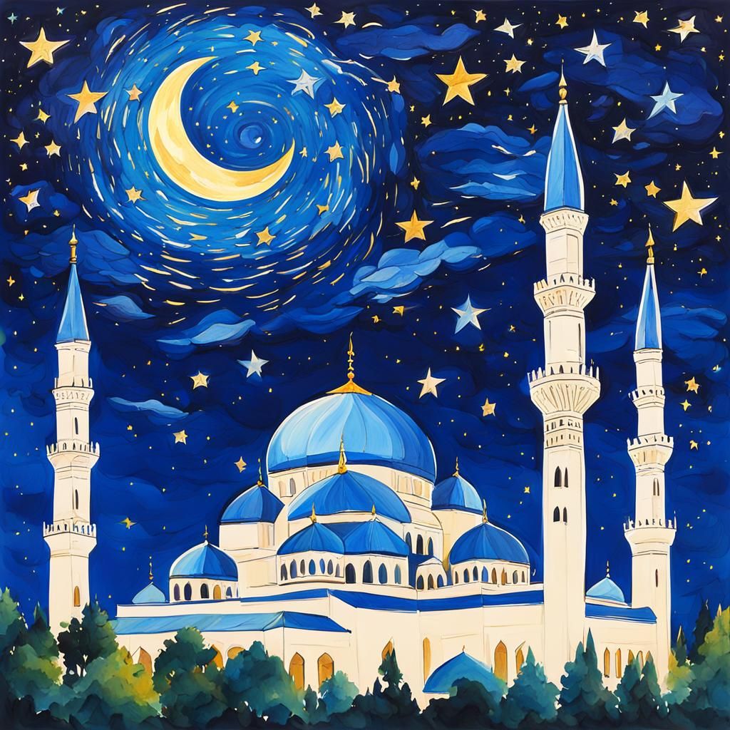 Mosque Under Starry Night Sky as Gouache Painting