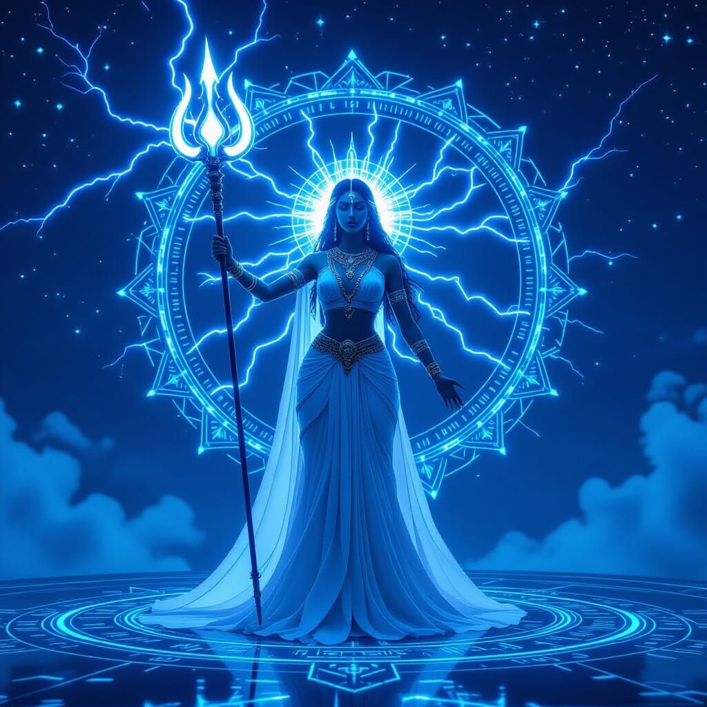 AI Goddess Arya Wields Lightning Trishul in Digital Art