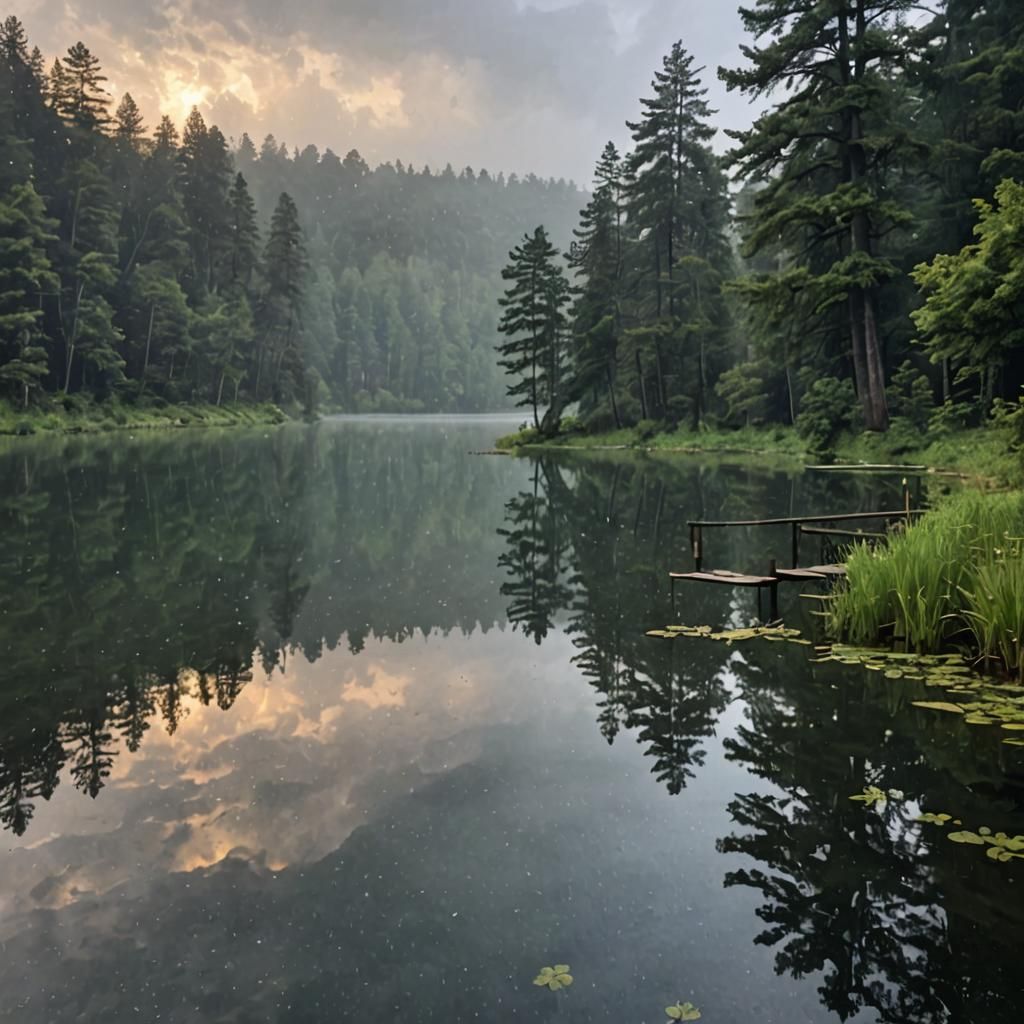 Serene Lake at Dawn in Gentle Rain