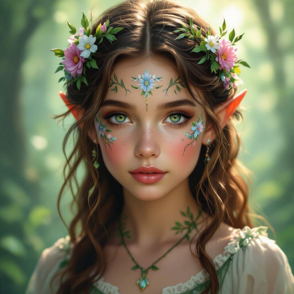 Forest Fairy Portrait with Floral Tattoos and Ethereal Light