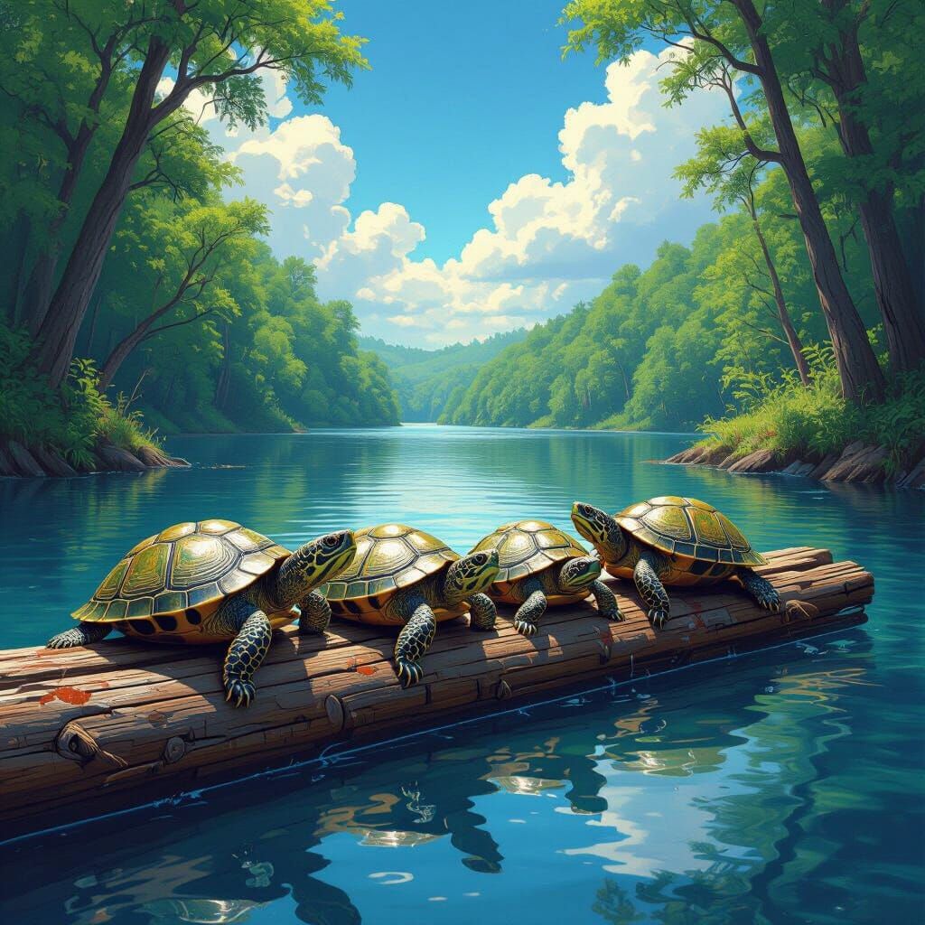 Turtles on Floating Beam Under Bright Blue Sky