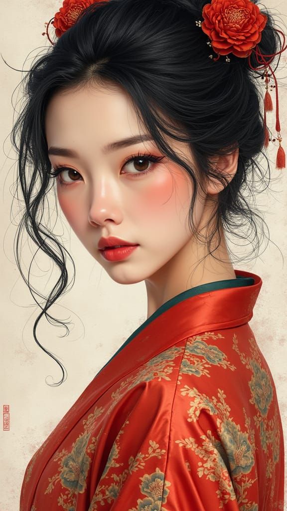 Chinese Woman in Silk Robe, Cel-Shaded Style