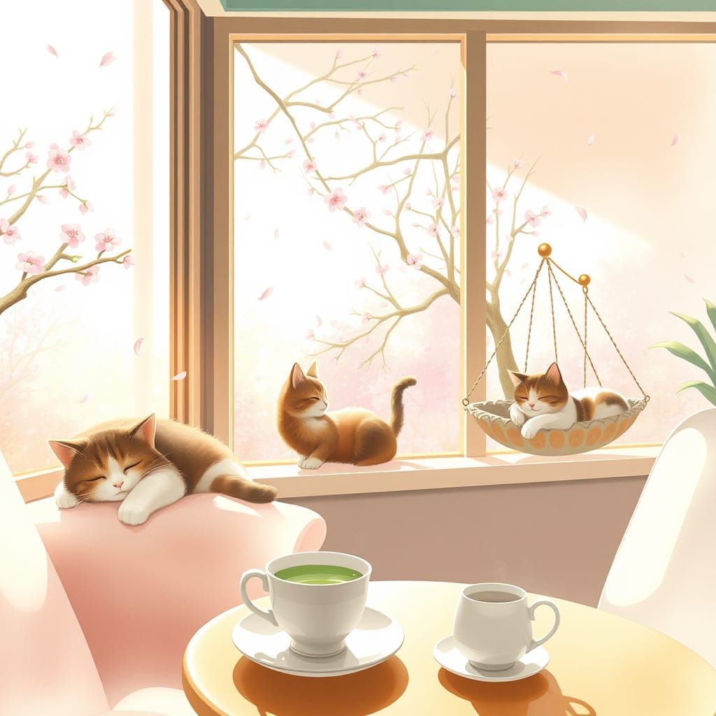 Whimsical Cat Café in Soft Pastel Hues