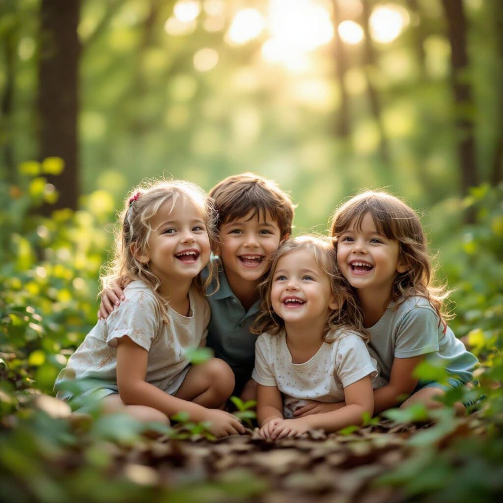 Joyful Children Posing in Ethereal Forest Light
