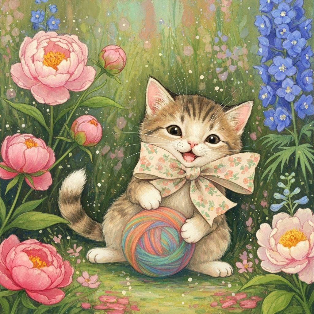 Serene Cat Plays with Wool in Flower Garden